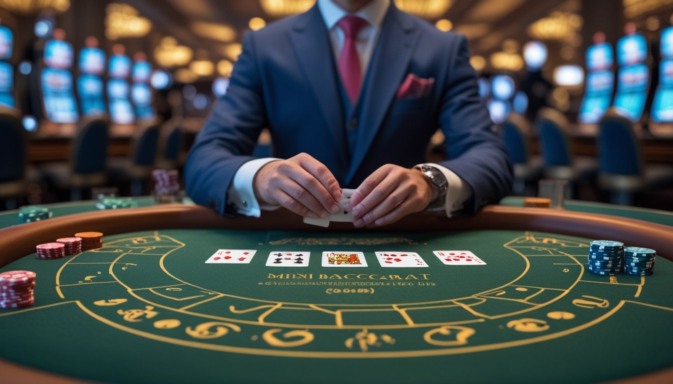 Seorang pemain berpakaian rapi sedang fokus bermain Mini Baccarat di meja kasino dengan chip dan kartu di depannya.
