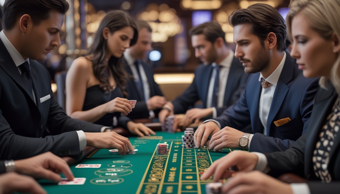 Meja Mini Baccarat dengan pemain yang fokus bermain di kasino.