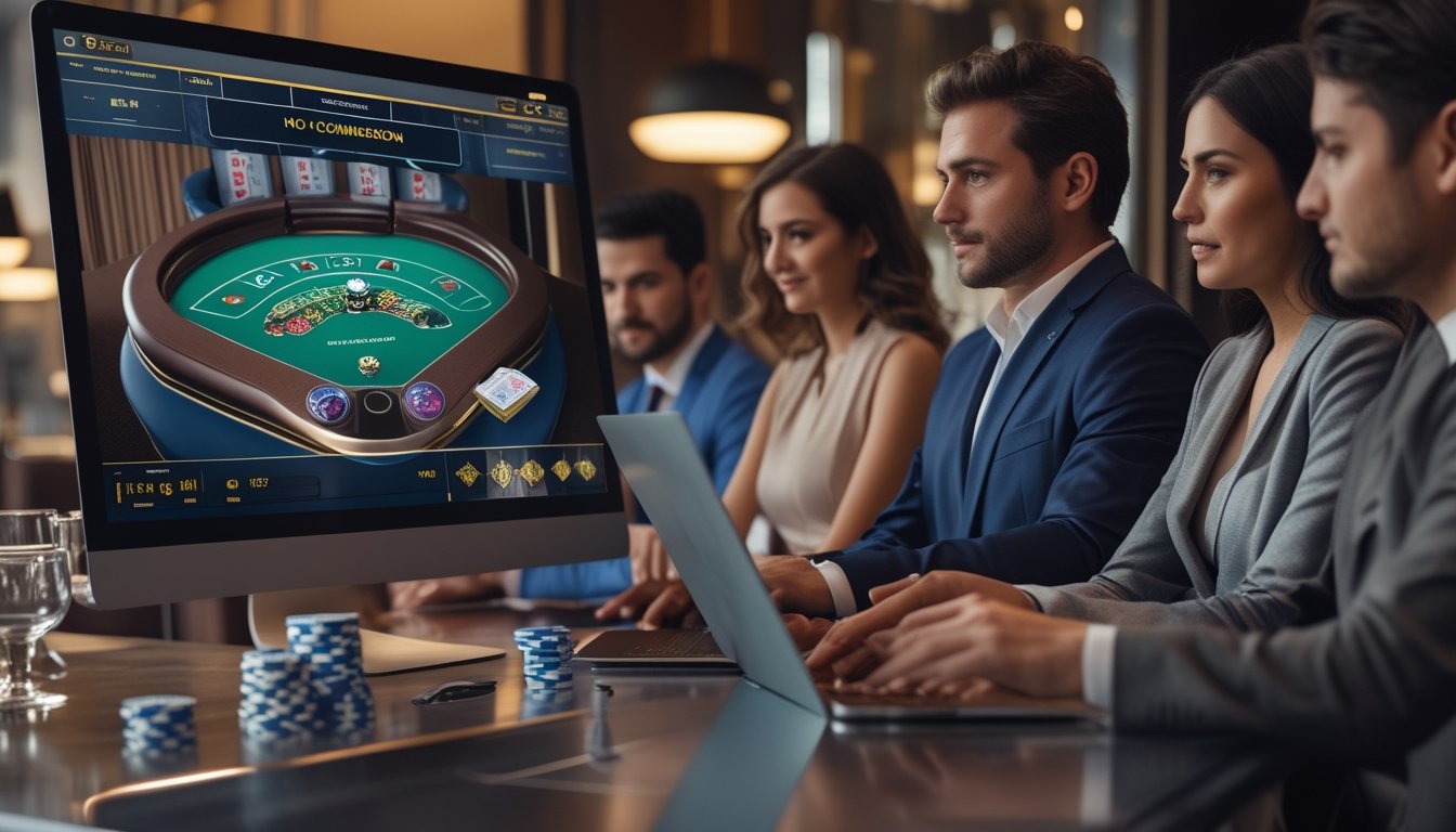 Beberapa pemain kasino online modern sedang bermain baccarat tanpa komisi di depan layar komputer dengan suasana yang elegan dan nyaman.