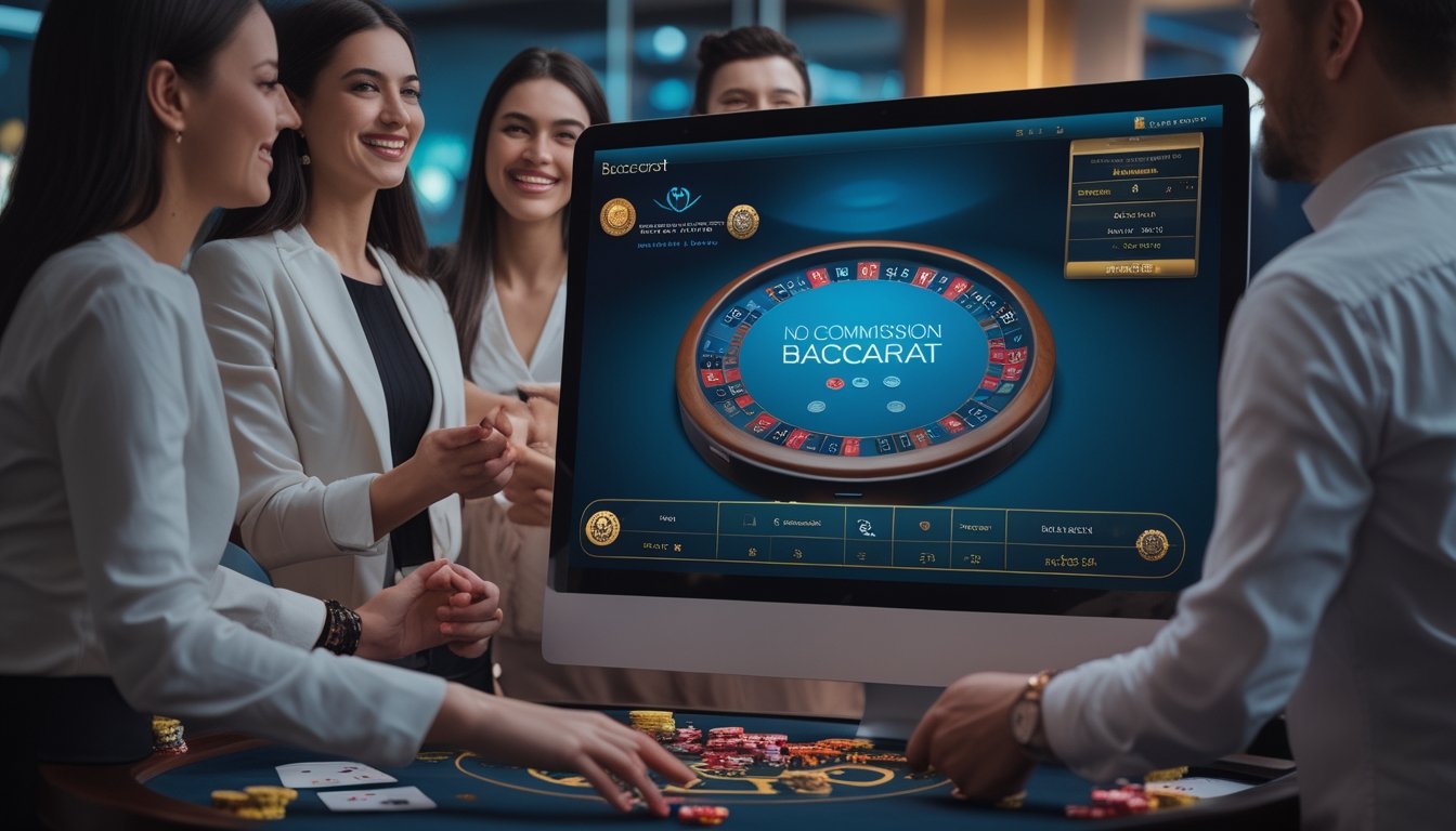 Beberapa orang sedang bermain baccarat tanpa komisi di kasino online modern dengan layar komputer yang menampilkan permainan baccarat.