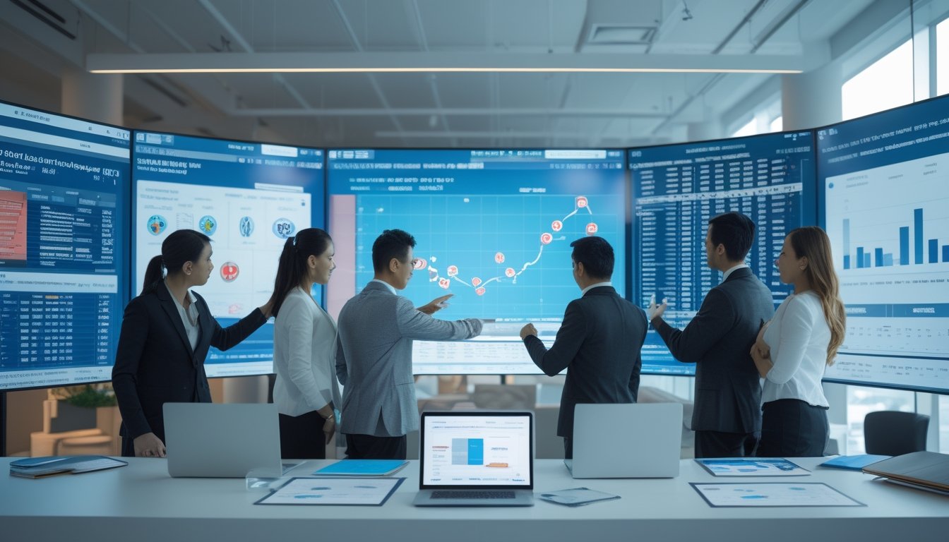 Sekelompok profesional sedang menganalisis data togel di kantor modern dengan layar digital dan dokumen statistik.