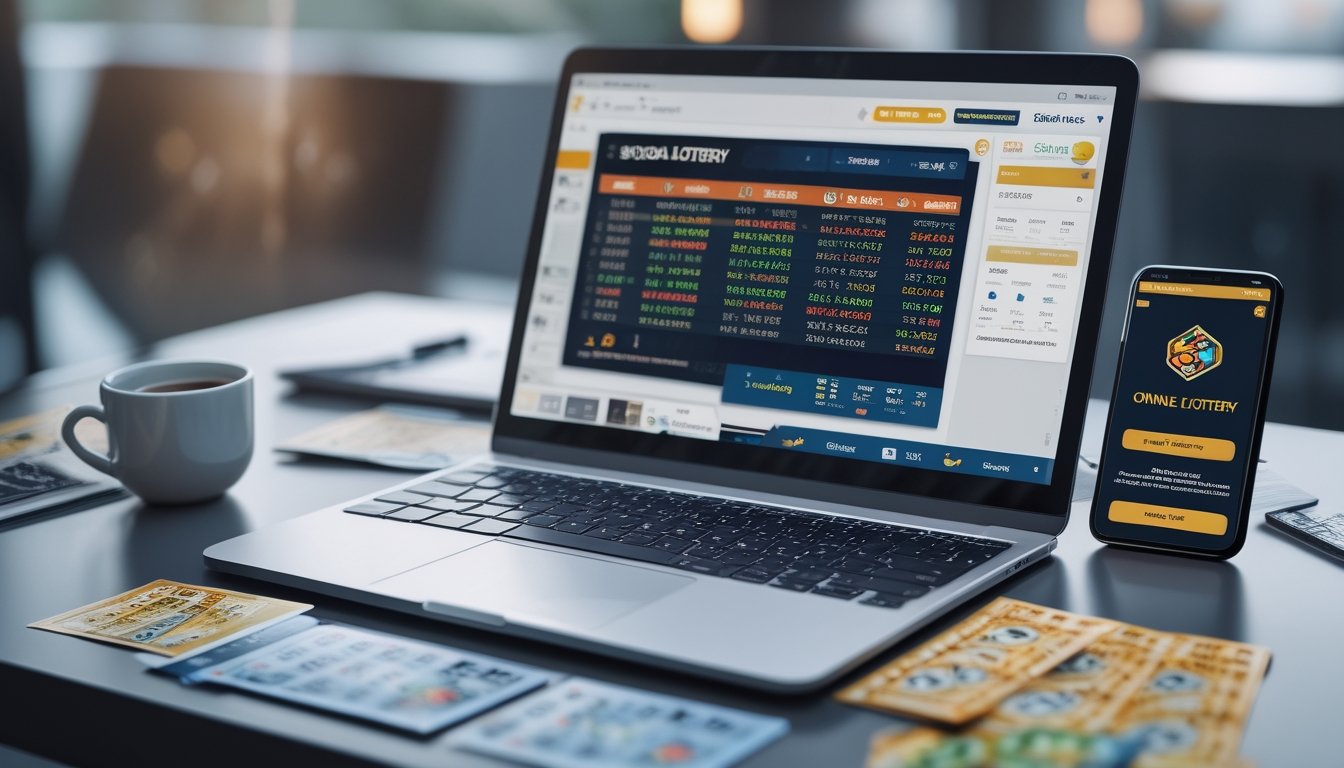 Seorang pria menggunakan laptop di meja kerja dengan layar menampilkan antarmuka lotere digital, dikelilingi tiket lotere, smartphone, dan cangkir kopi.
