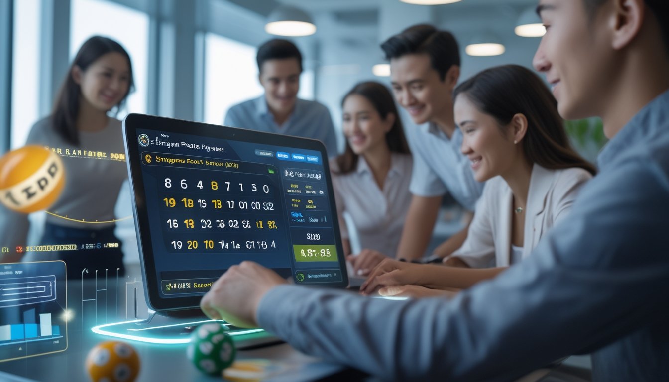Orang-orang sedang menggunakan perangkat digital untuk melihat hasil dan statistik togel dalam suasana ruangan modern yang terang.