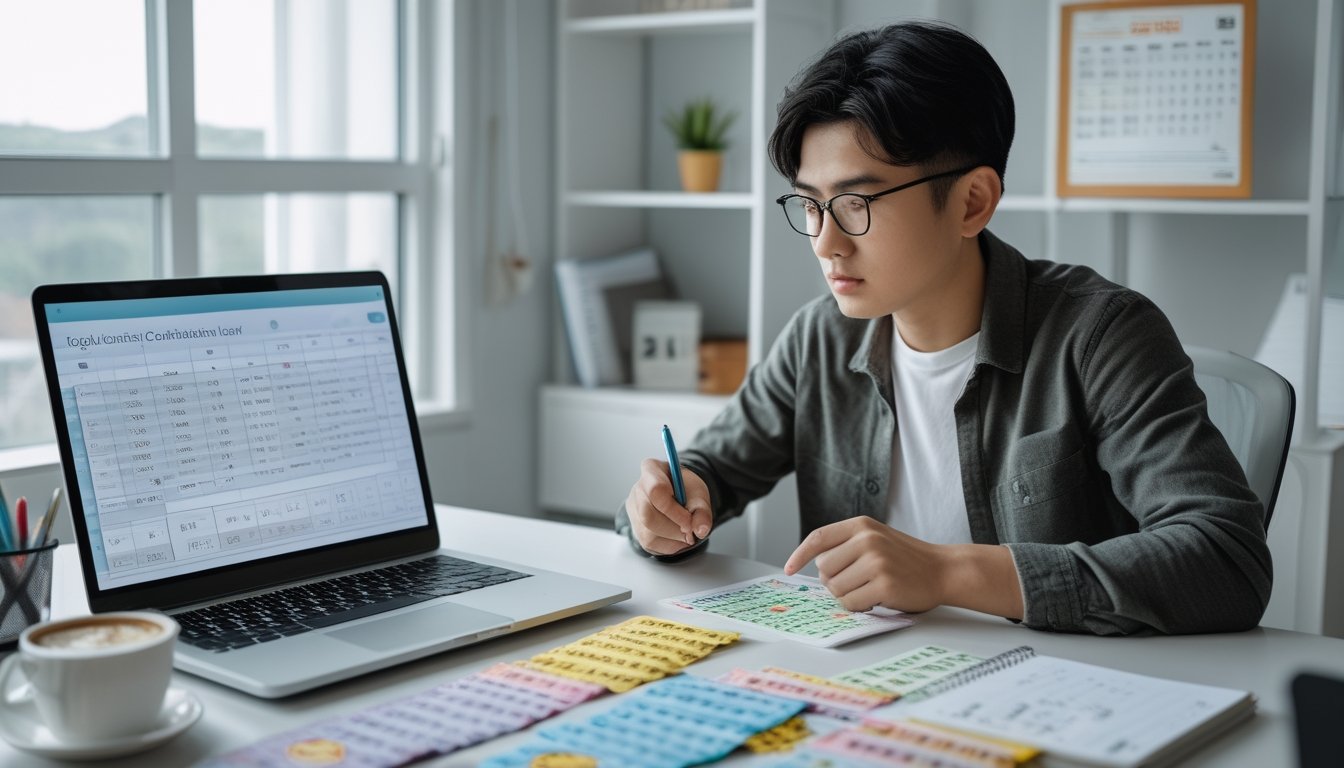 Seorang dewasa muda duduk di meja dengan tiket togel dan laptop, sedang mempelajari kombinasi togel 2D dan 3D.