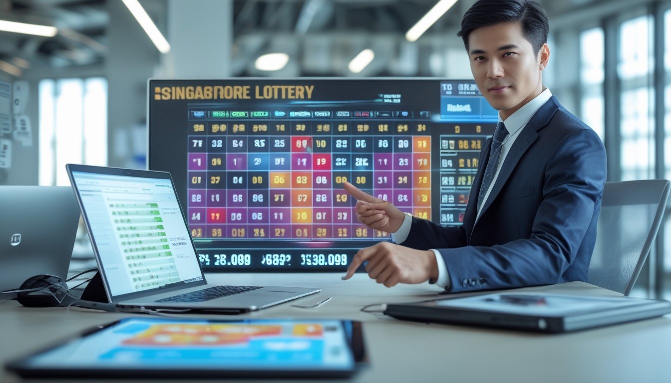 Seorang profesional menunjuk layar digital besar yang menampilkan angka togel Singapura dengan latar kantor modern.