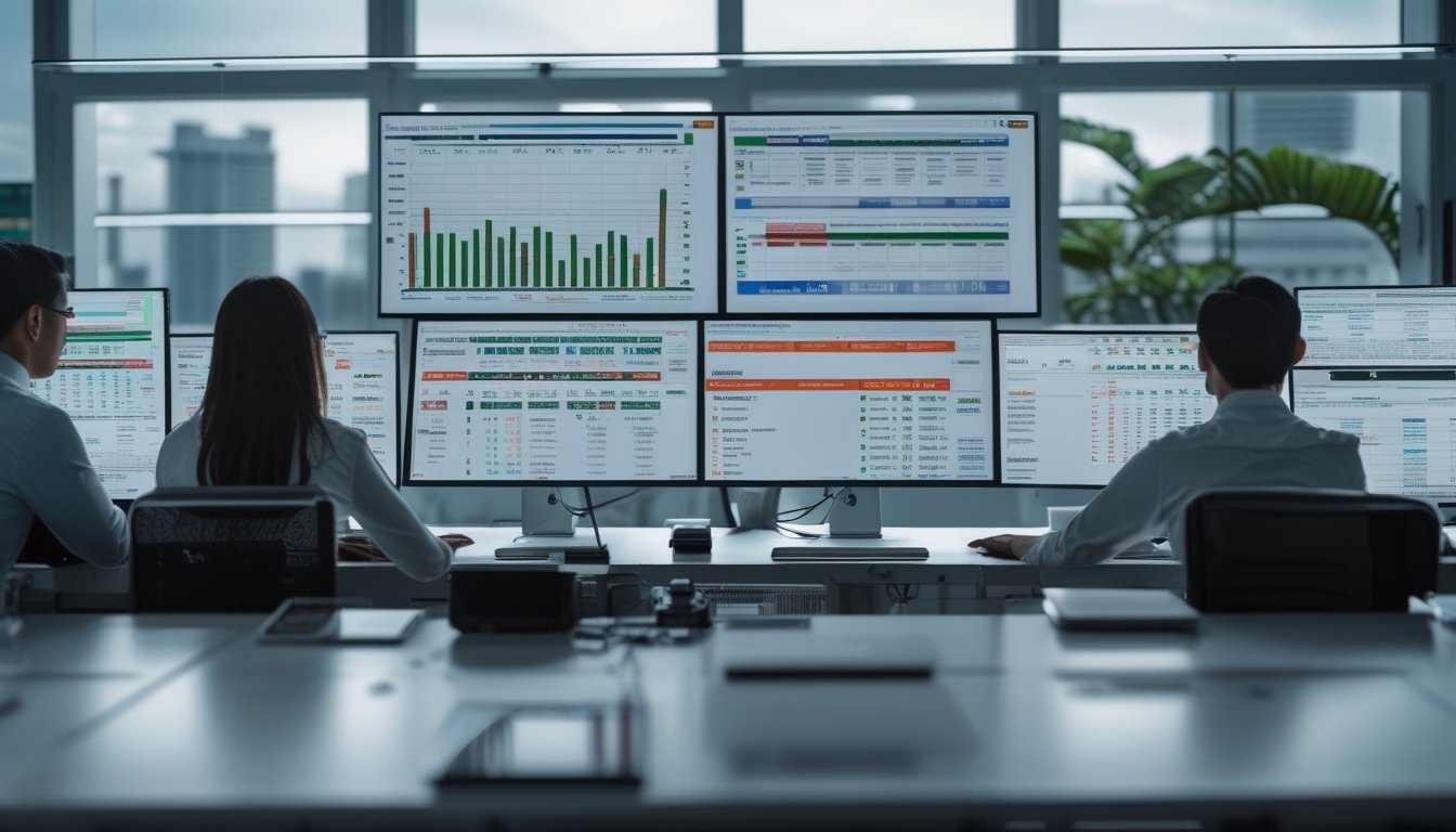 Sekelompok profesional sedang menganalisis data hasil togel dengan layar komputer dan perangkat digital di kantor modern dengan pemandangan kota Singapura di latar belakang.