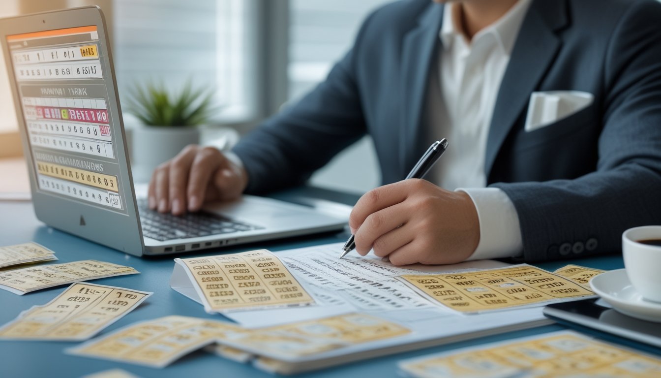 Meja kerja dengan laptop, tiket togel, alat tulis, dan peralatan kantor yang menunjukkan analisis kombinasi angka togel.