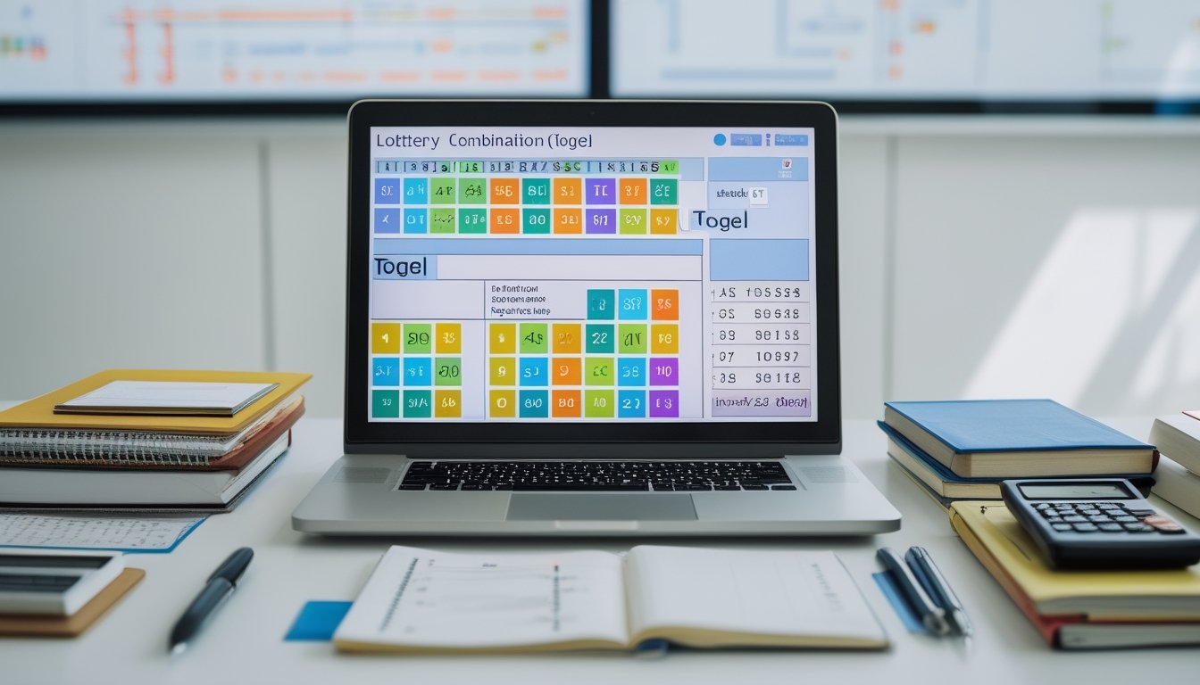 Meja kerja dengan laptop, kalkulator, dan papan tulis yang menunjukkan analisis kombinasi angka togel.