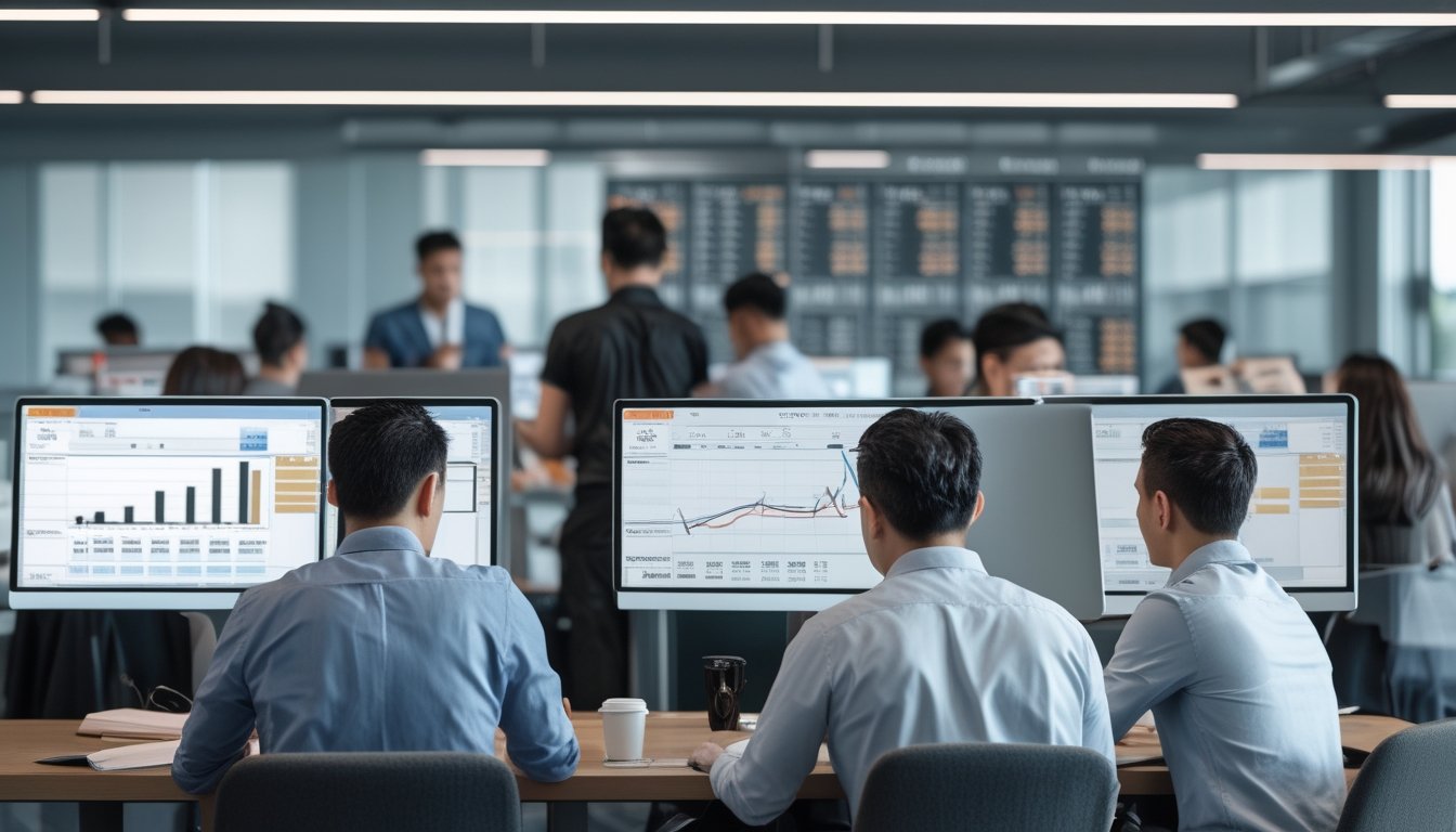 Sekelompok orang profesional sedang menganalisis data togel di kantor modern dengan beberapa layar komputer yang menampilkan grafik dan angka.
