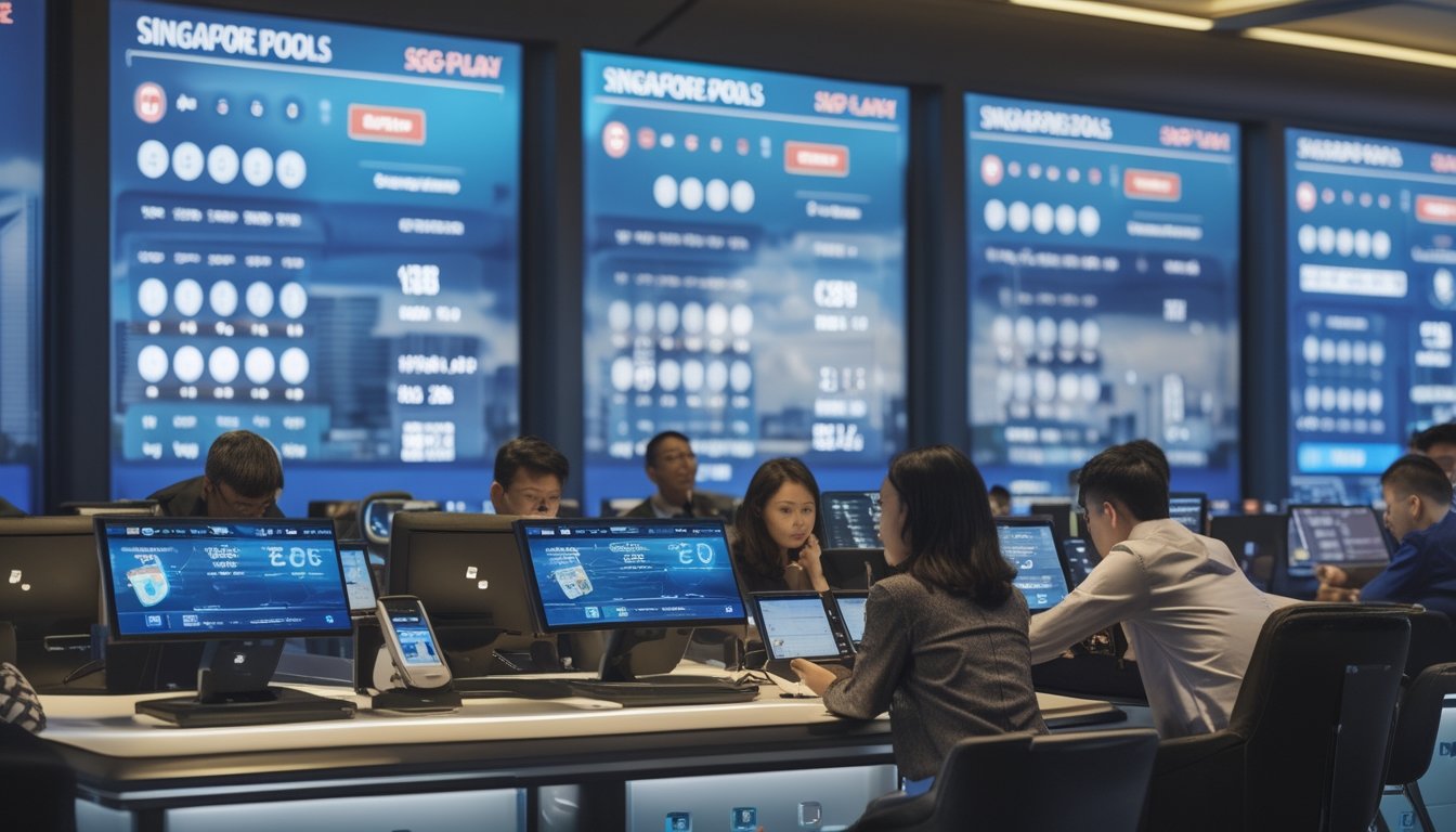 Sekelompok orang profesional sedang menganalisis data lotere di ruangan modern dengan layar digital dan pemandangan kota Singapura di latar belakang.