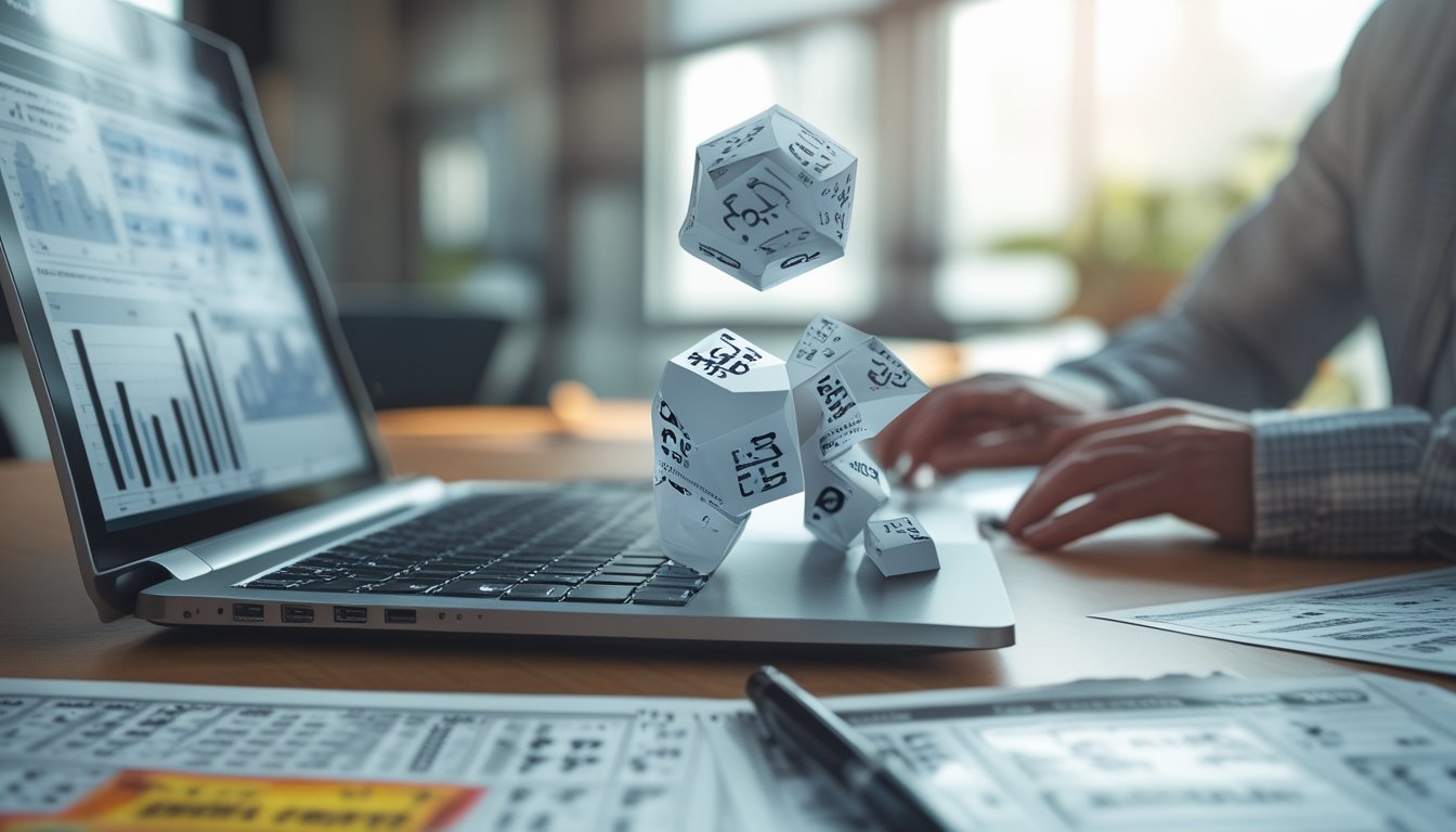 Meja kerja dengan laptop menampilkan grafik dan bentuk 3D di atasnya, dikelilingi oleh tiket lotere dan alat tulis.