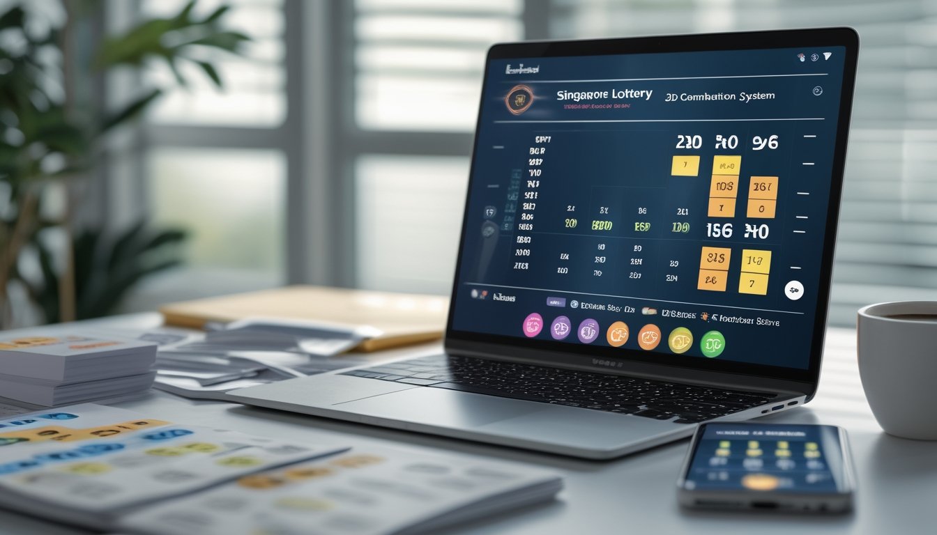 Meja kerja modern dengan laptop yang menampilkan antarmuka lotere digital, dikelilingi catatan, ponsel dengan aplikasi lotere, dan secangkir kopi di ruangan yang terang.