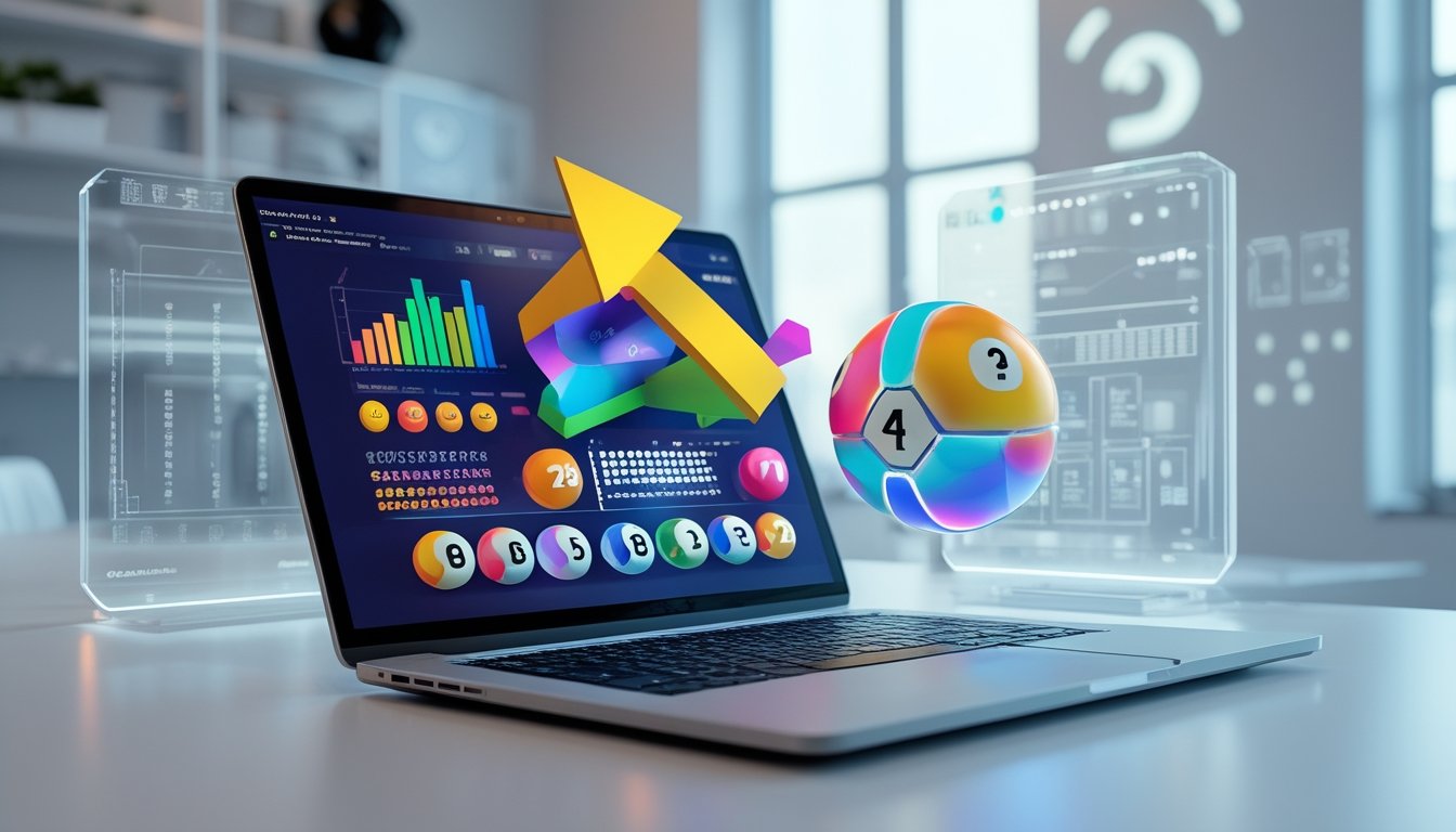 Seorang profesional bekerja dengan laptop yang menampilkan grafik dan elemen 2D dan 3D terkait togel online di ruang kantor yang terang dan modern.