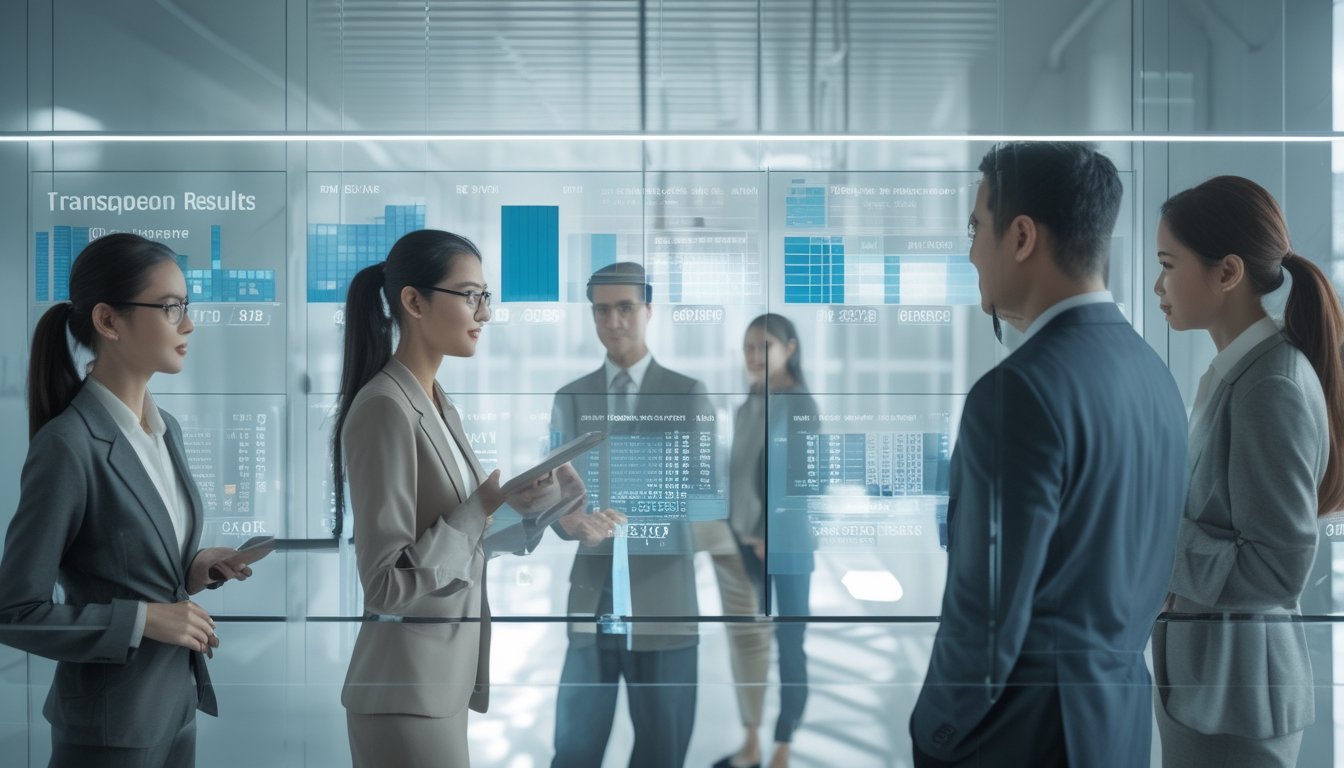 Sekelompok orang di kantor modern sedang melihat layar digital transparan yang menampilkan data hasil lotere dengan ekspresi serius dan fokus.