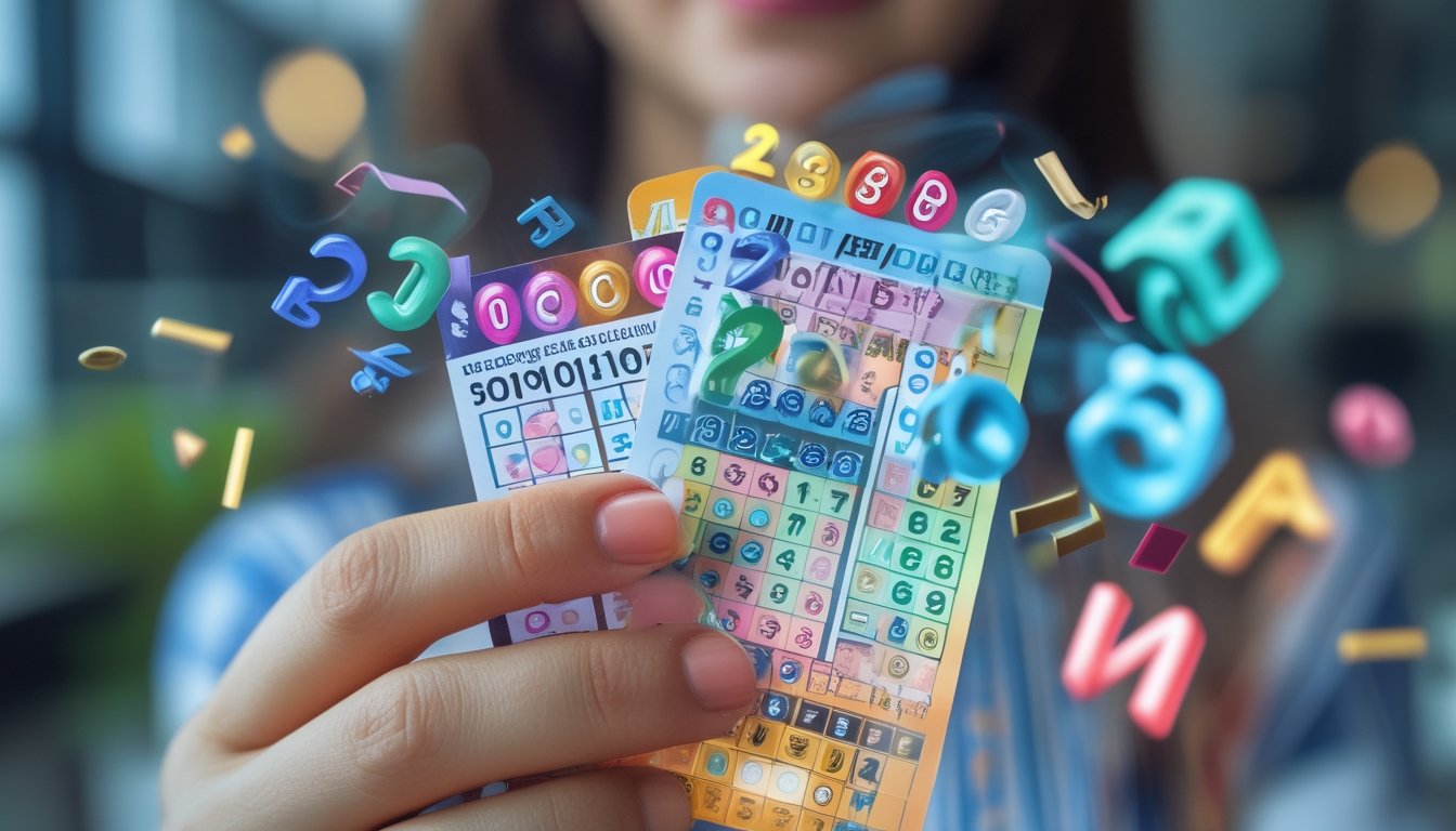 Tangan memegang tiket lotere berwarna-warni dengan angka 2D dan 3D yang melayang di atasnya dalam latar belakang kabur.
