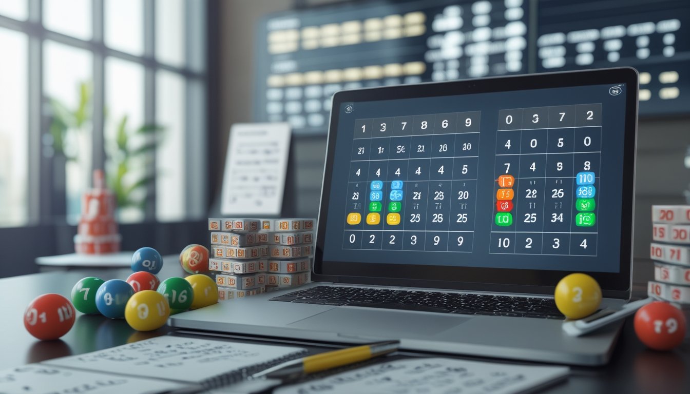 Meja kerja dengan laptop yang menampilkan angka-angka dan tiket togel, bola bernomor berwarna-warni, serta catatan dan alat tulis.