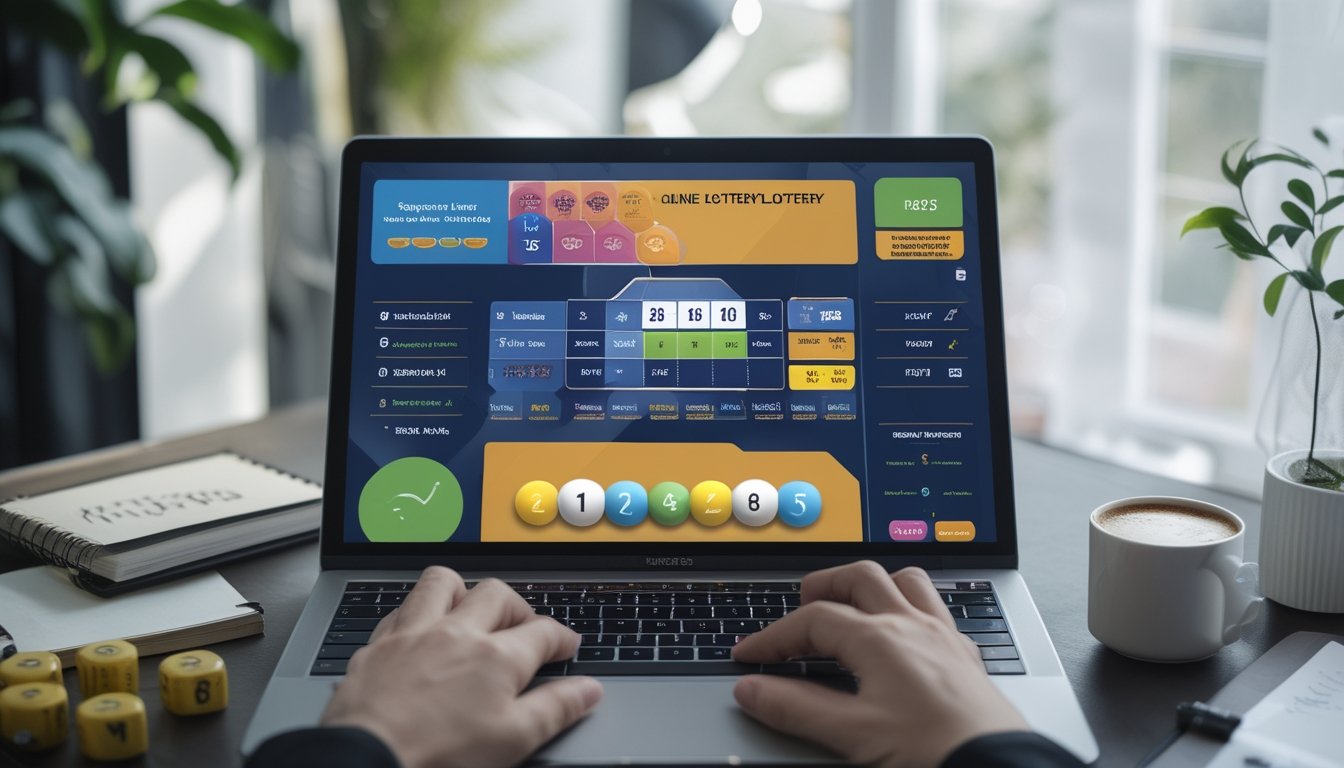 Seseorang menggunakan laptop di meja kerja dengan tampilan permainan togel online dan beberapa bola togel di sekitar meja.