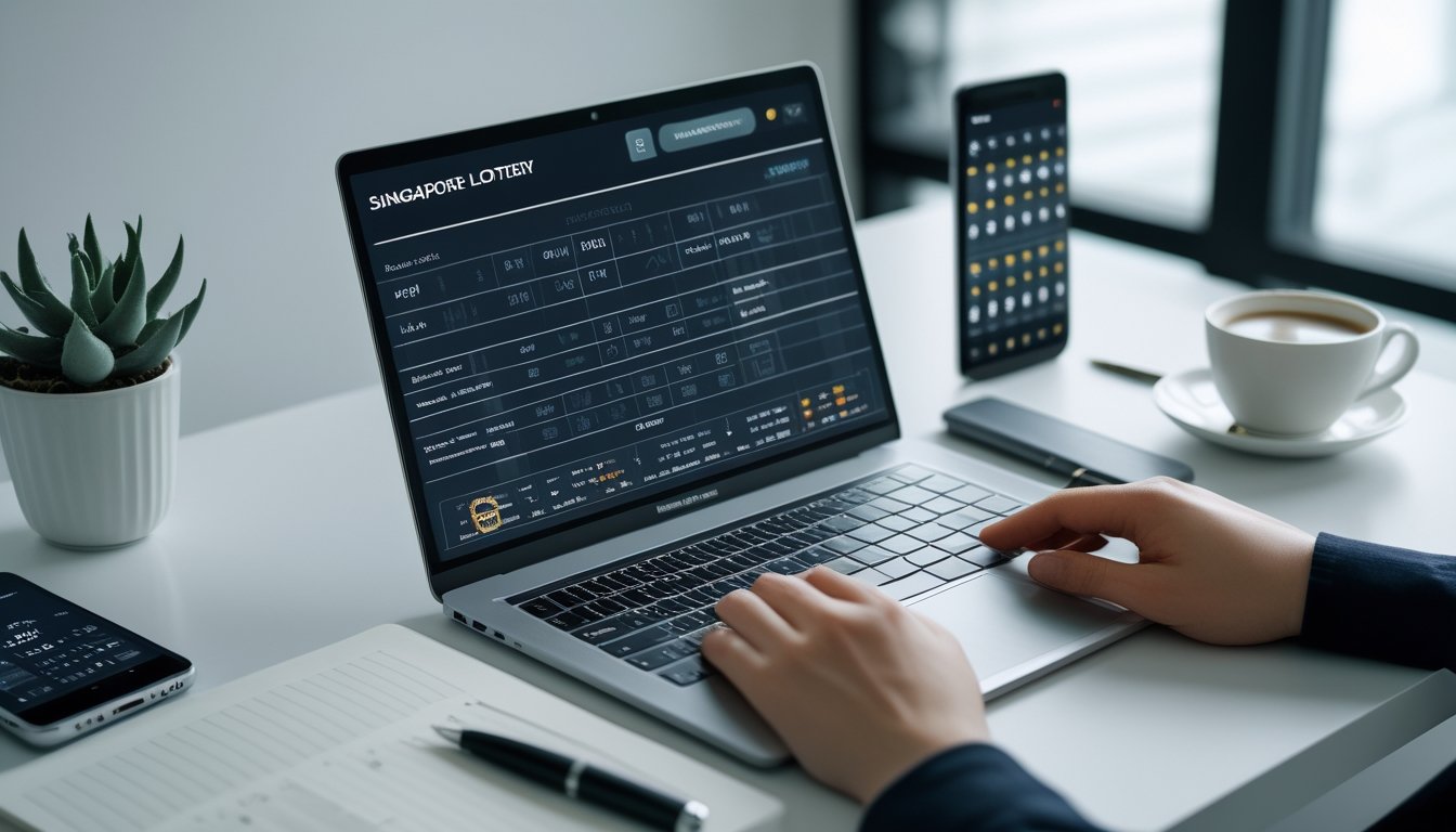 Seseorang menggunakan laptop di meja kerja dengan tampilan antarmuka togel online dan smartphone di sampingnya.