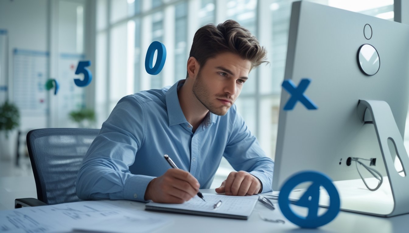 Seorang pria muda duduk di meja kerja modern sambil menganalisis data dan angka di layar komputer dengan latar belakang bentuk geometris dan angka transparan.