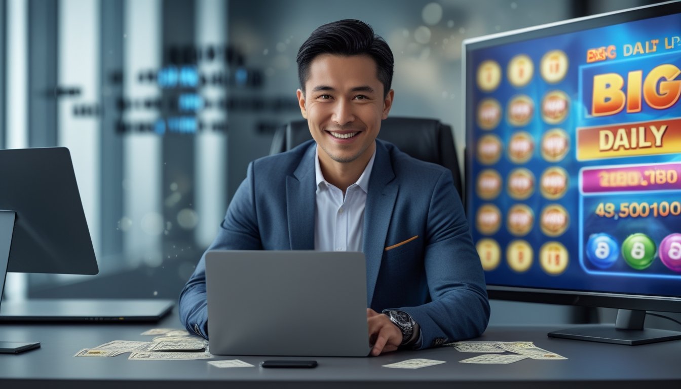 Seorang pria Asia Tenggara duduk di meja kantor dengan laptop dan tiket lotere, terlihat percaya diri dan optimis.
