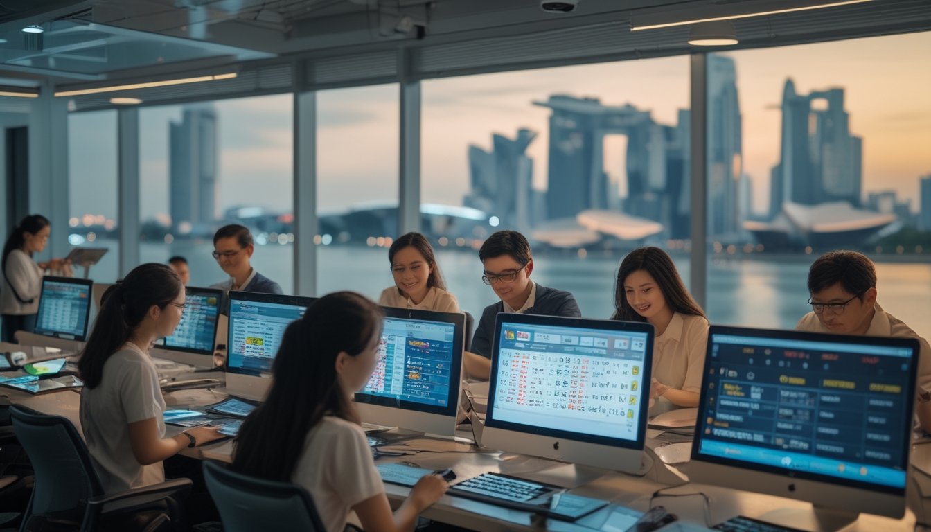 Sekelompok orang di kantor modern sedang melihat hasil togel Singapore pada beberapa layar digital dengan latar belakang siluet kota Singapore.
