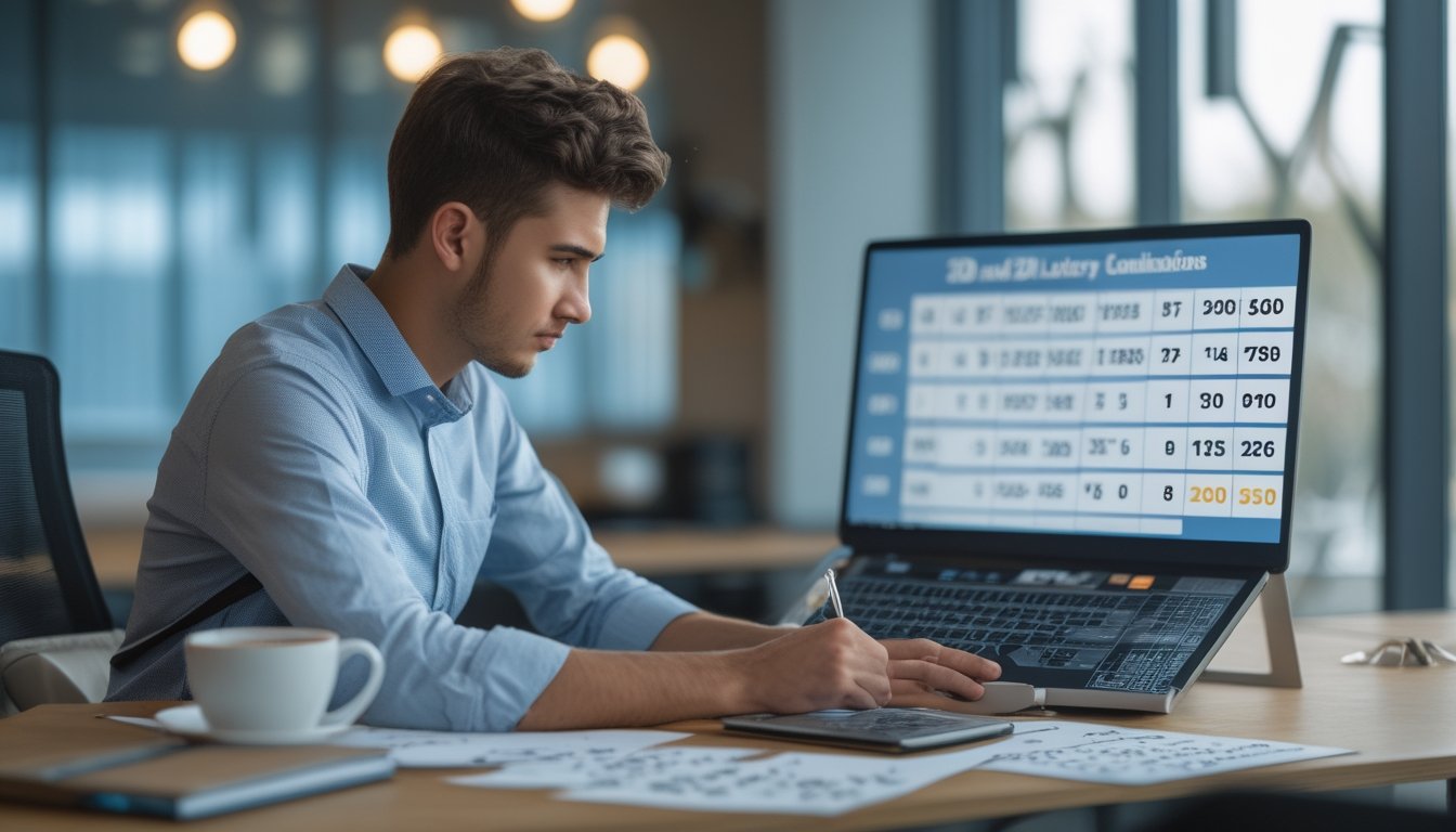 Seorang petaruh sedang menganalisis kombinasi angka togel di sebuah meja kerja dengan laptop, buku catatan, dan kopi.