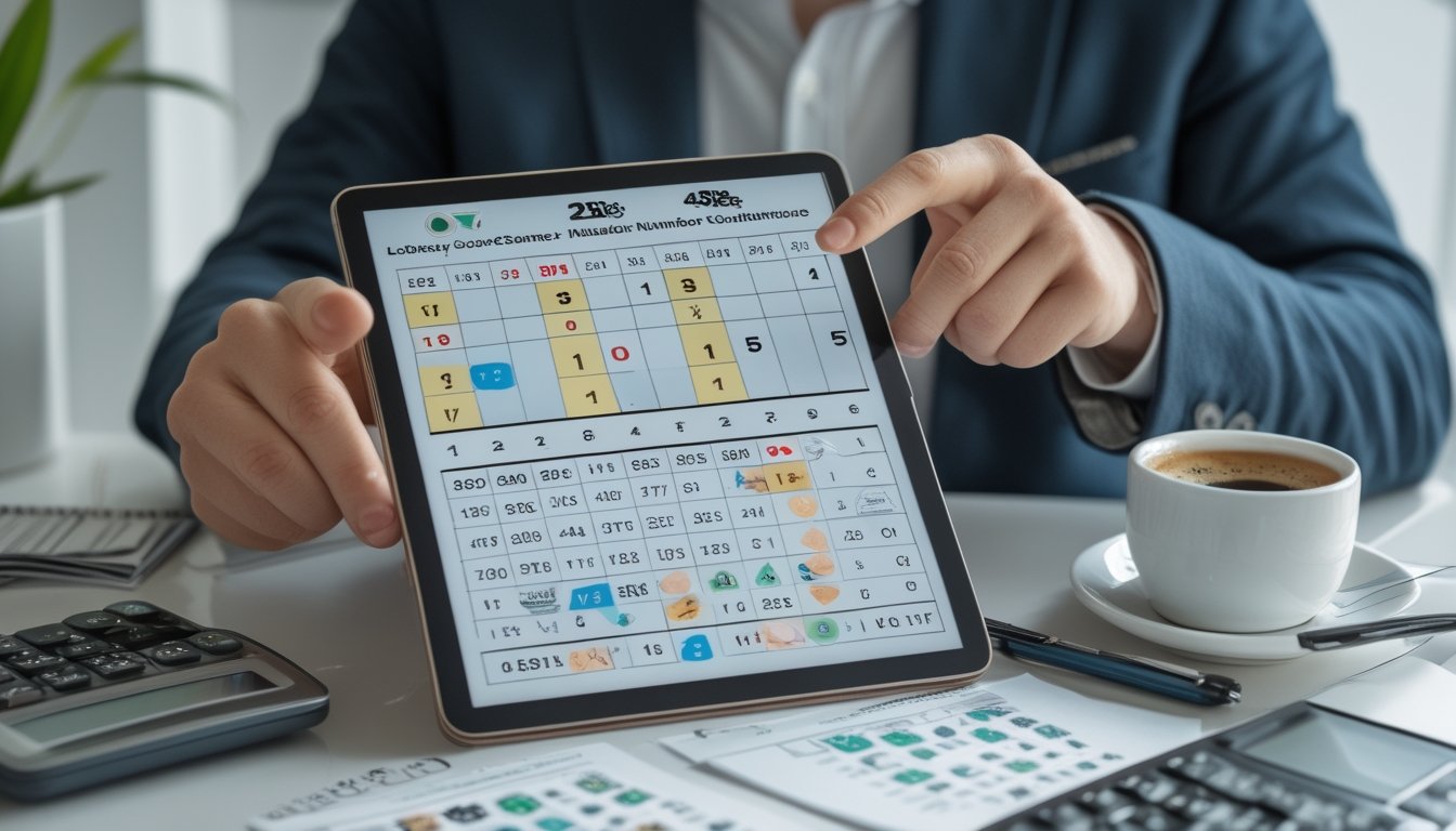 Seseorang sedang menganalisis tiket togel dan pola angka di tablet di meja kerja yang rapi.