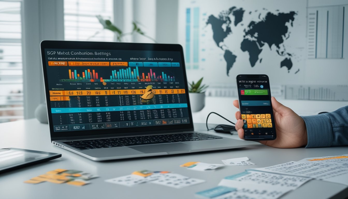 Meja kerja modern dengan laptop dan ponsel yang menampilkan grafik dan angka lotere, serta catatan kombinasi angka di sekitarnya.