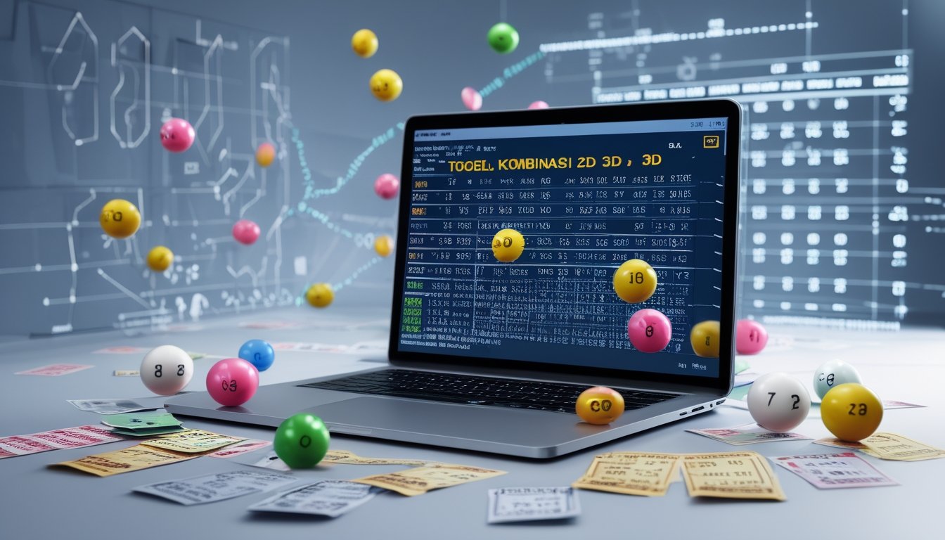 Meja kerja modern dengan laptop, tiket lotre, bola angka warna-warni, dan grafik angka yang menggambarkan konsep permainan togel kombinasi 2D dan 3D.