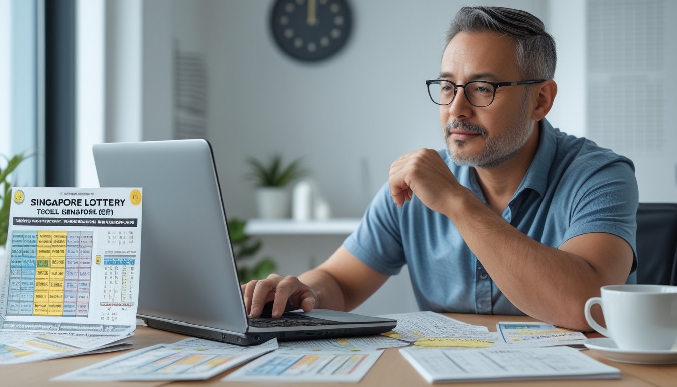 Seorang pria dewasa duduk di meja modern, fokus menganalisis tiket lotere dan catatan strategi dengan laptop dan kalkulator di depan.