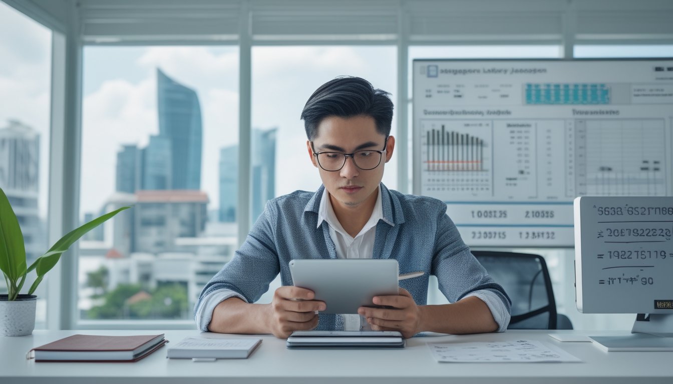 Seseorang sedang fokus menganalisis angka togel dengan tablet di sebuah kantor modern dengan pemandangan kota Singapura di latar belakang.