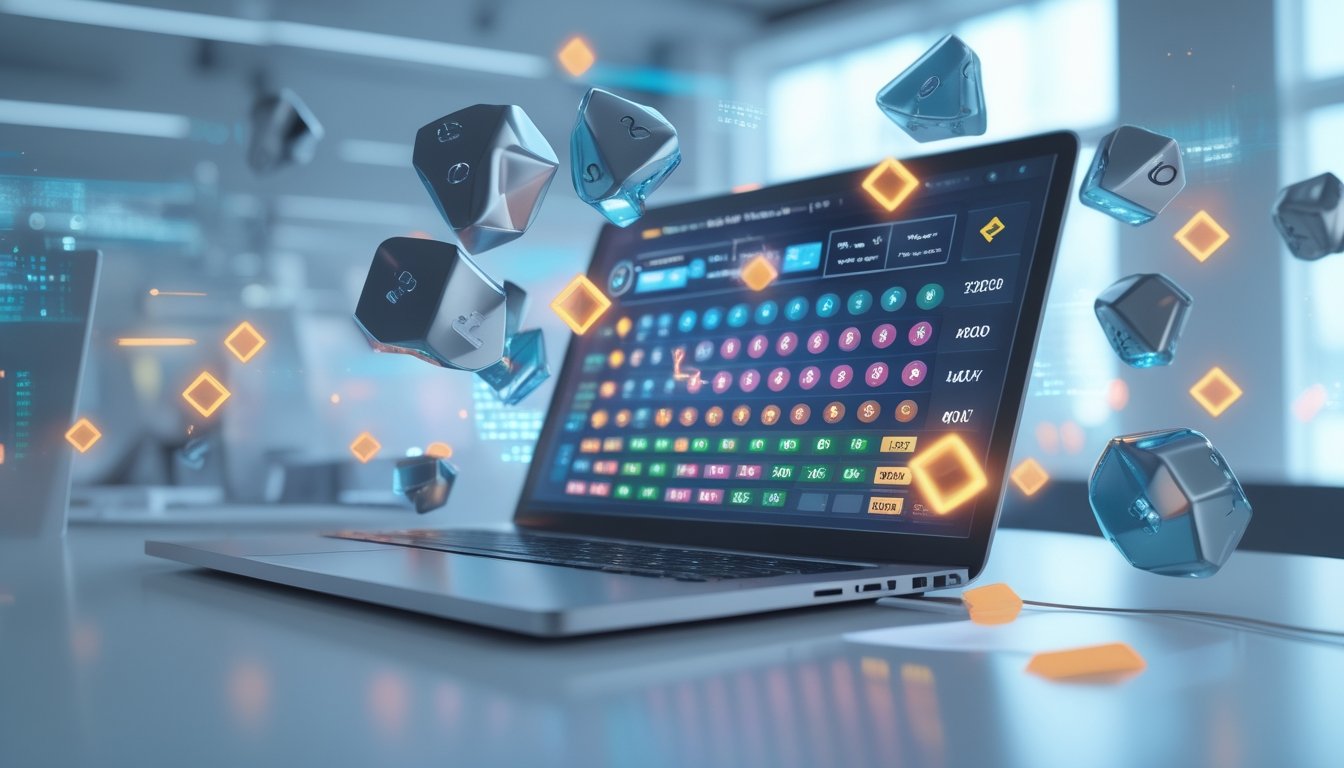 Seorang pengguna melihat layar laptop dan ponsel yang menampilkan angka lotre dengan bentuk geometris 2D dan 3D di sekitarnya dalam lingkungan kantor modern.