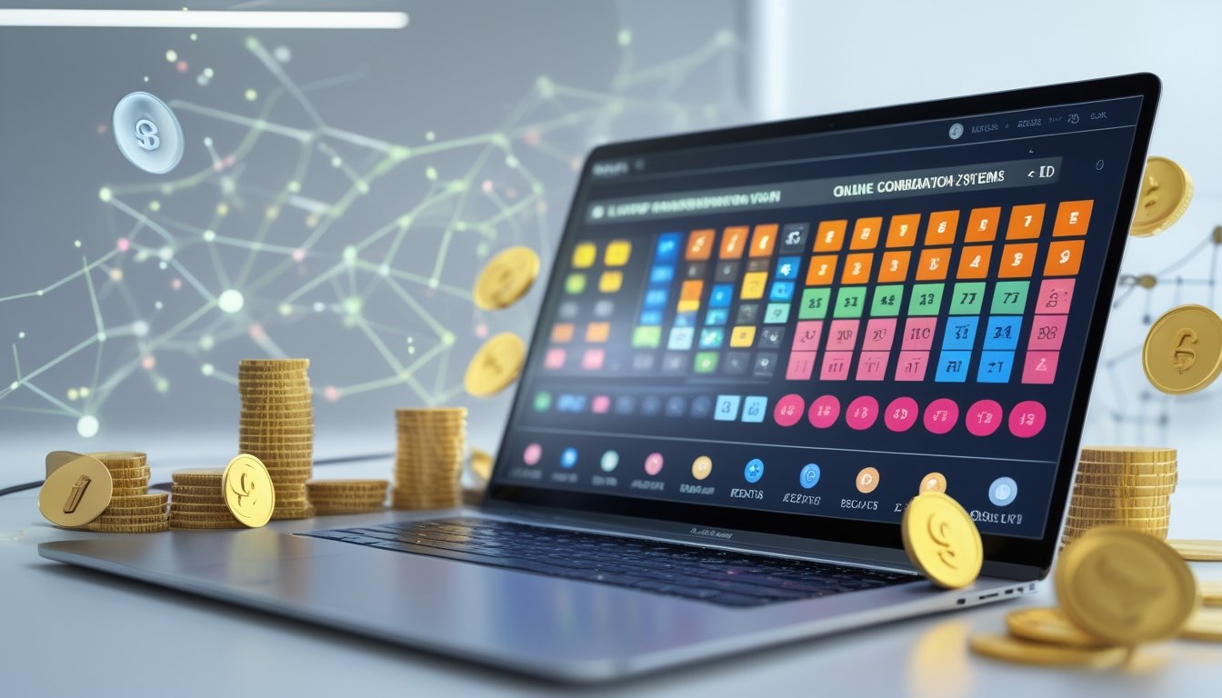 Sebuah komputer dengan layar menampilkan grafik dan angka kombinasi togel, dikelilingi oleh simbol taruhan online.
