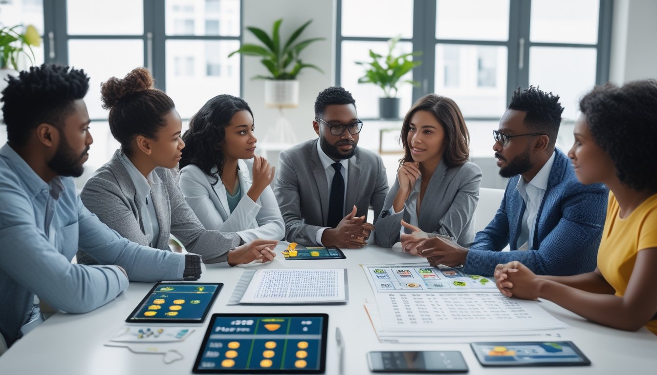 Sekelompok orang berdiskusi serius di meja kantor modern dengan perangkat digital dan grafik terkait permainan togel.