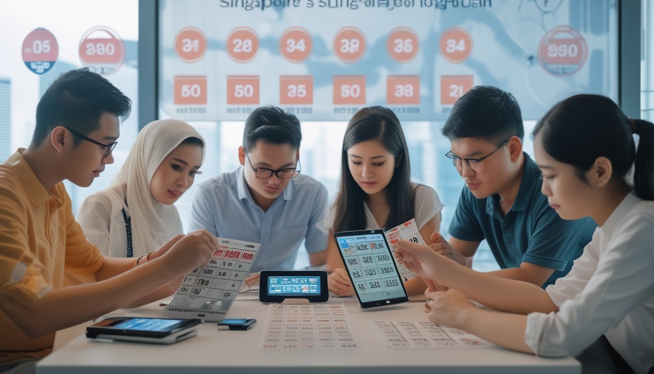 Sekelompok orang dari berbagai usia sedang memeriksa tiket dan grafik angka togel di ruangan yang terang dengan latar belakang peta atau ikon Singapura.