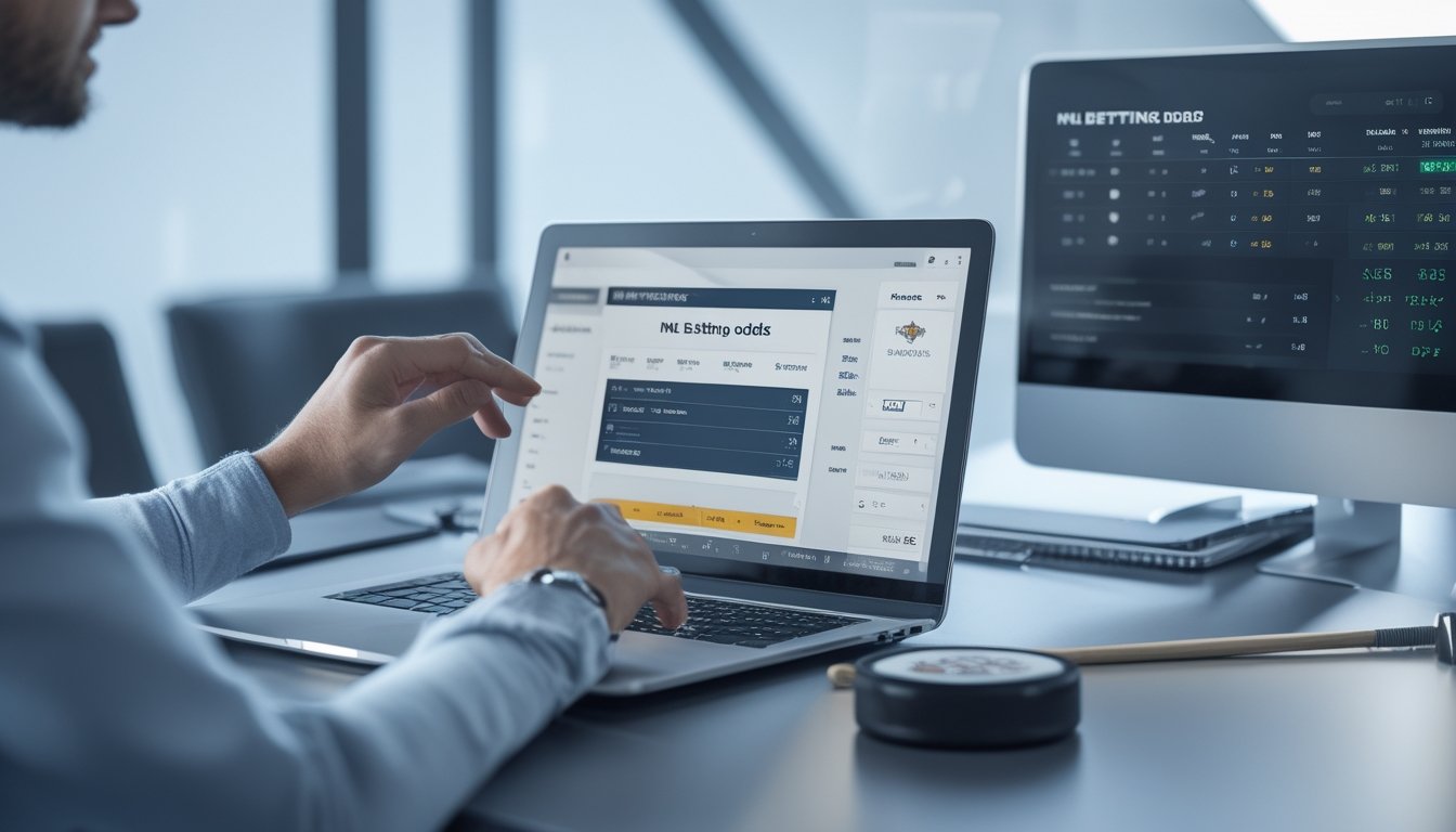 Seseorang menggunakan laptop dengan tampilan taruhan NHL dan elemen hoki es di meja.