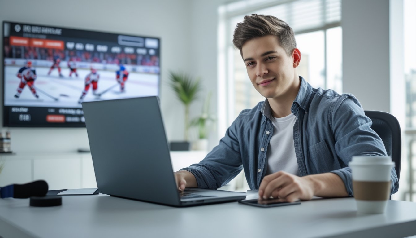 Seorang pria muda duduk di meja dengan laptop yang menampilkan situs taruhan NHL, di sekitarnya terdapat perlengkapan hoki dan televisi yang menayangkan pertandingan NHL.