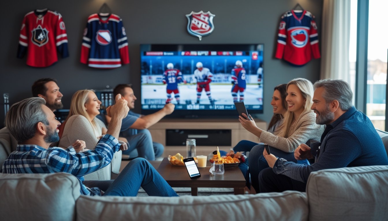 Sekelompok orang menonton pertandingan hoki NHL di ruang tamu dengan layar besar dan menggunakan perangkat untuk taruhan olahraga.