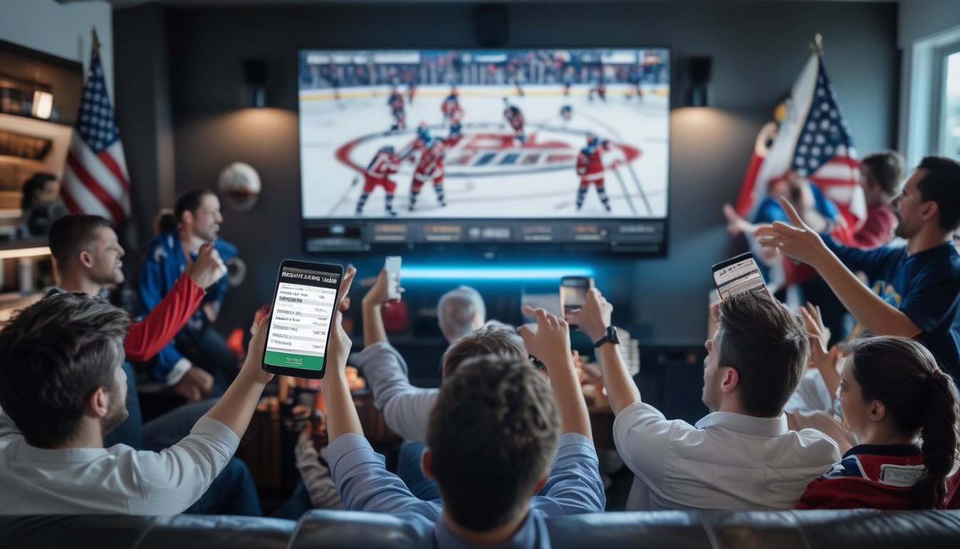 Sekelompok penggemar olahraga menonton pertandingan NHL di ruang tamu dengan layar besar, beberapa menggunakan ponsel untuk memasang taruhan.