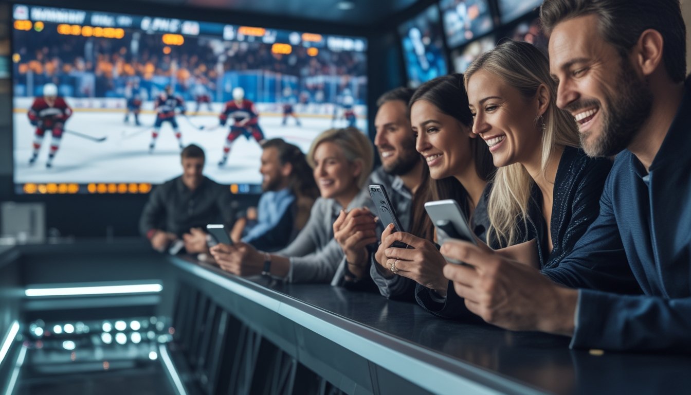 Sekelompok orang di bar olahraga modern sedang menonton pertandingan hoki NHL secara langsung dan menggunakan perangkat mereka untuk memasang taruhan secara real-time.