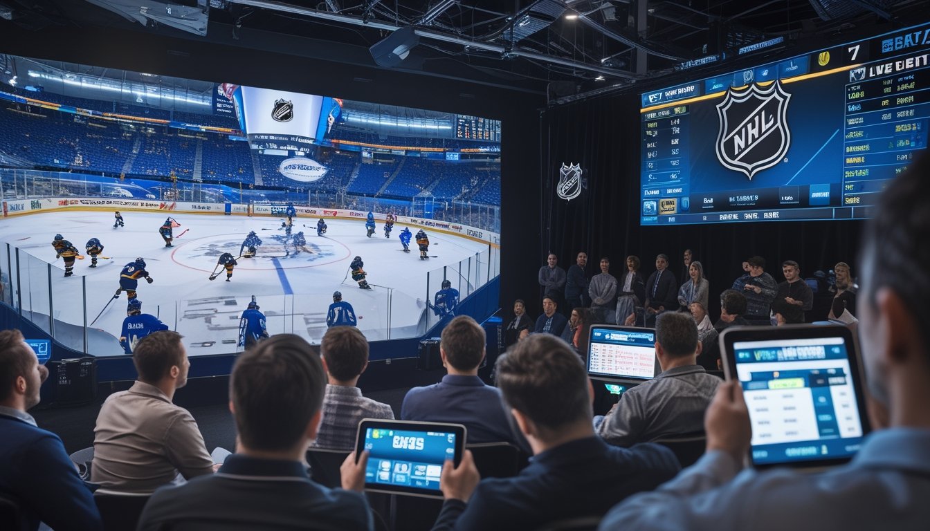 Sekelompok orang menonton pertandingan hoki NHL secara langsung dengan layar besar dan menggunakan perangkat digital untuk memasang taruhan.