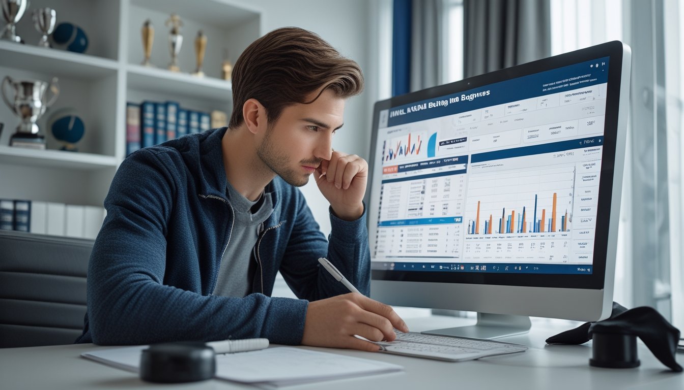 Seorang pria muda duduk di meja dengan komputer yang menampilkan statistik hoki NHL, sambil mencatat dan menganalisis data taruhan.