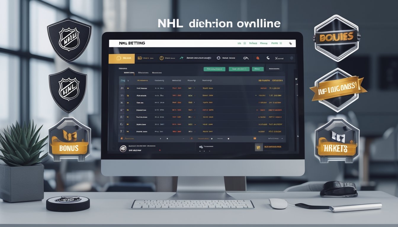 Sebuah meja kerja modern dengan komputer yang menampilkan antarmuka taruhan NHL online, dilengkapi dengan alat hoki seperti puck dan stik di atas meja.