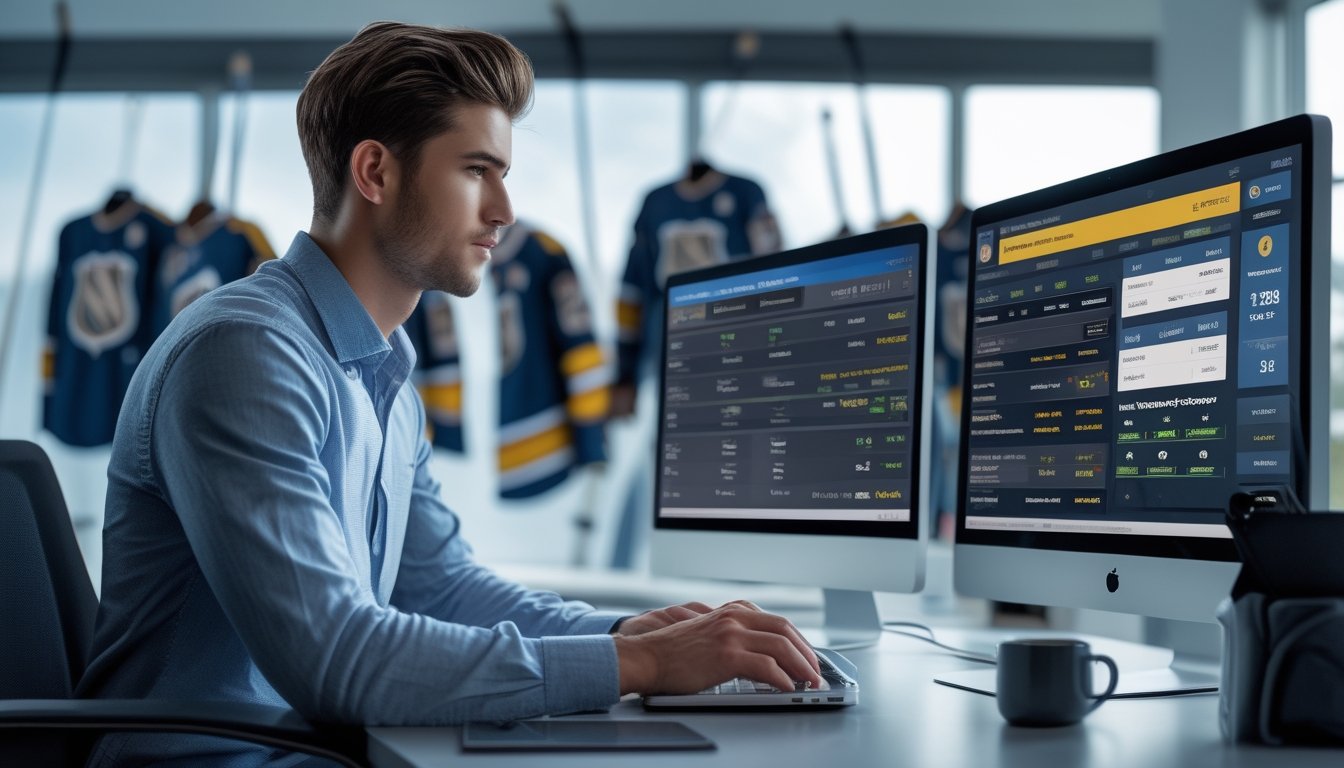 Seorang pria duduk di meja dengan laptop dan beberapa monitor menampilkan statistik dan skor pertandingan hoki es NHL.