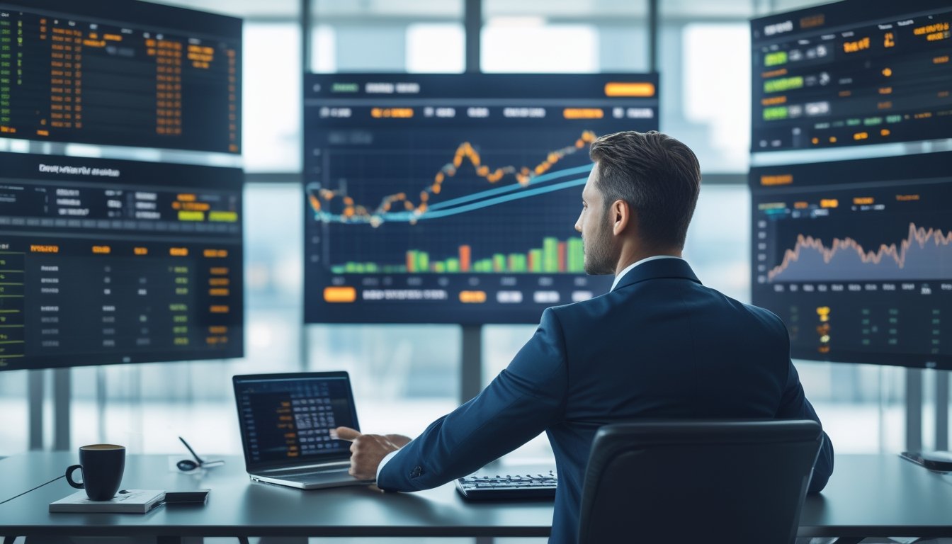 Seorang pria profesional di kantor modern sedang menganalisis statistik dan peluang taruhan NHL pada beberapa layar digital.