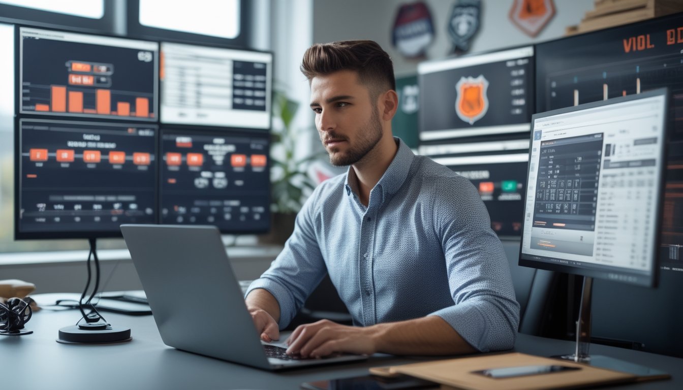Seorang pria fokus menganalisis statistik pertandingan NHL di laptop dengan beberapa layar menampilkan sorotan permainan dan grafik peluang keuntungan di ruang kantor modern.