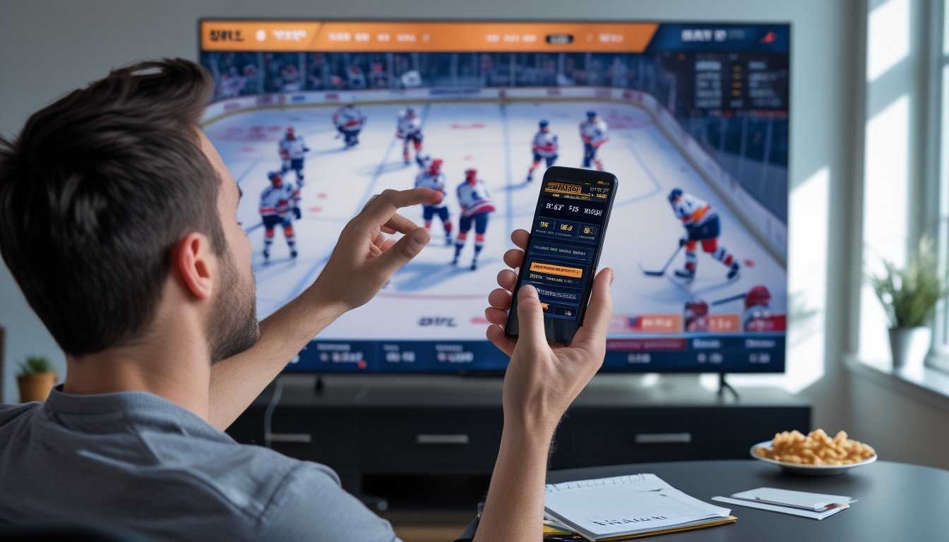 Seseorang menonton pertandingan hoki NHL di televisi sambil memegang ponsel dengan tampilan taruhan olahraga, di ruang tamu yang terang.