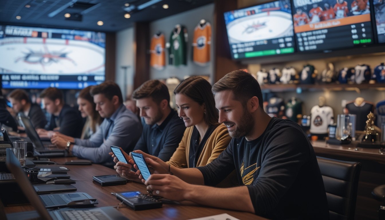 Orang-orang sedang memasang taruhan NHL secara online dengan layar menampilkan pertandingan hoki dan statistik taruhan di latar belakang.