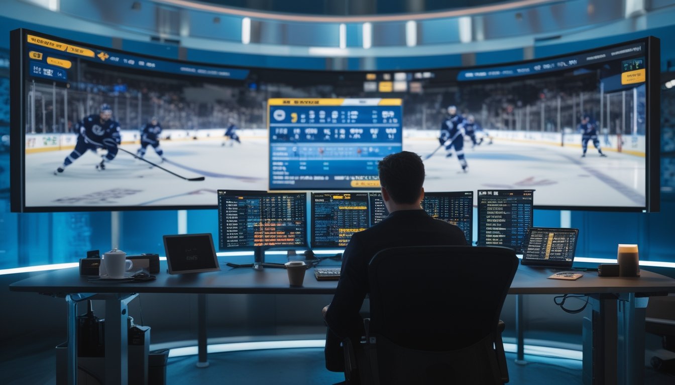 Seorang analis olahraga sedang bekerja di depan beberapa layar yang menampilkan pertandingan hoki es NHL secara langsung dan data statistik di sebuah ruang kantor modern.