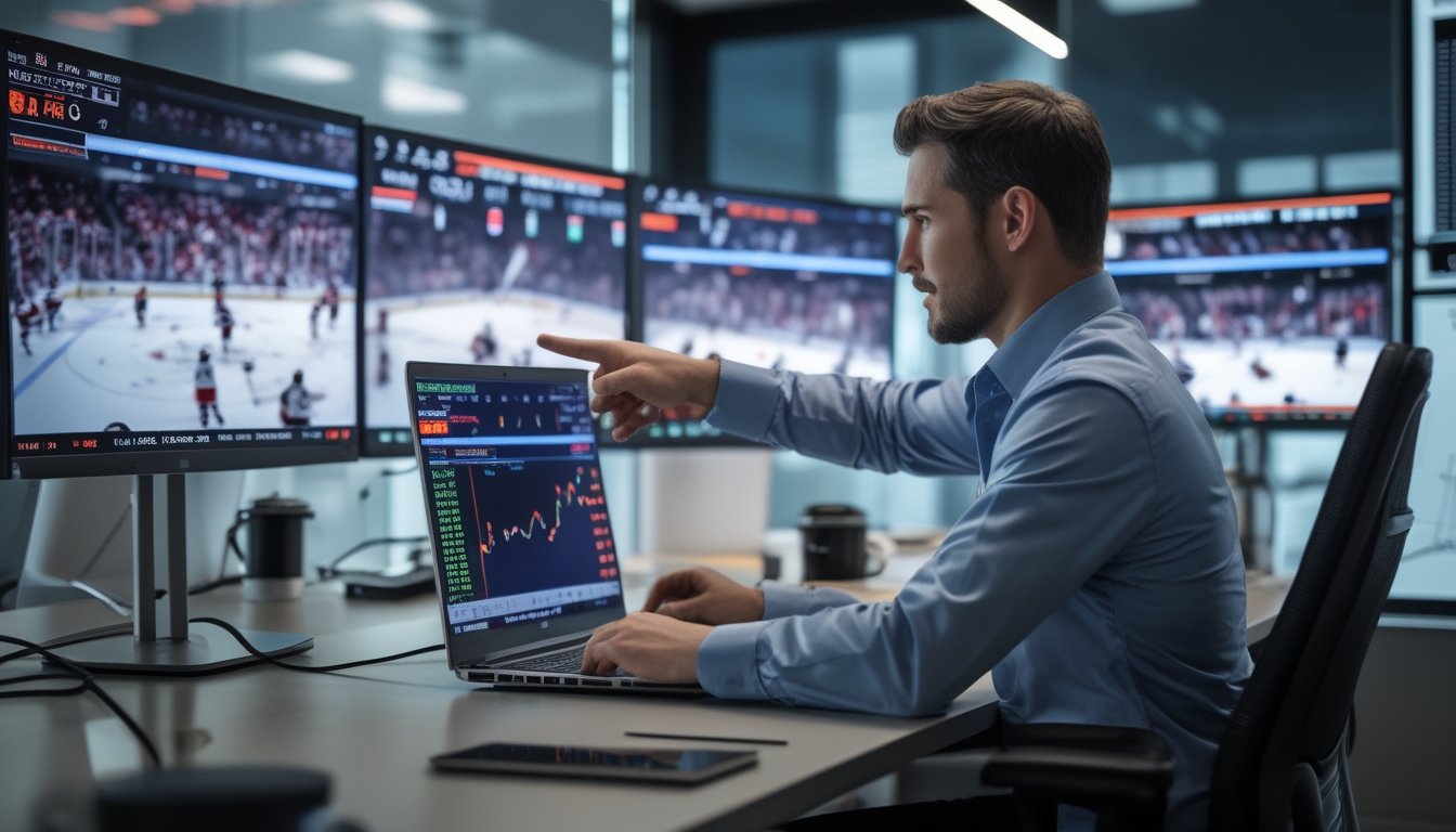 Seorang pria sedang menganalisis pertandingan hoki NHL secara langsung di depan beberapa layar komputer dengan statistik dan video pertandingan.